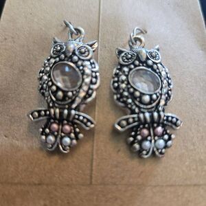 Owl Earrings Drop Silver Dangle Rhinestone Pearls